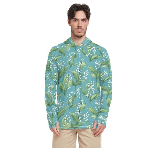 Cartoon Lily Turquoise Mens Sun Protection Hoodies Long Sleeve Sailing Shirts UPF 50+ Farmer Shirt S