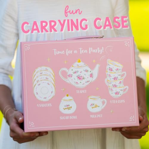 Giggle & Honey GHA1106 Porcelain Tea Set For Girls - White & Floral Tea Party Set For Kids I Complete Children Tea Sets With Carry Case, Teapot, Cups And More, Birthday Gift For Little Girls & Toddlers thumb #1