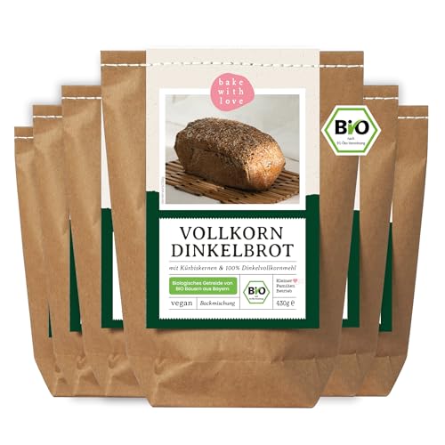 Bio Dinkel Brotbackmischung Vollkorn Dinkelbrot - 100% Bio-Vollkornmehl aus Bayern - Saatenbrot ohne Weizen - für Brotbackautomat & Ofen - Brot Backen - Bake with Love - 6er Pack