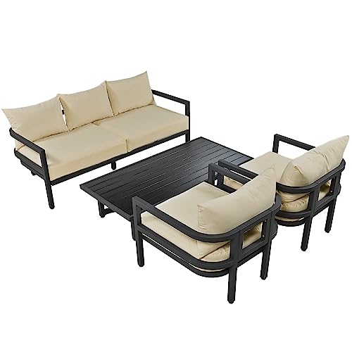 Lumisol 4-Piece Aluminum Patio Furniture Set, Patio Conversation Set With Coffee Table, Outdoor Sectional Metal Sofa With Cushions For Balcony, Lawn, Backyard, Poolside (Beige) #TOP4