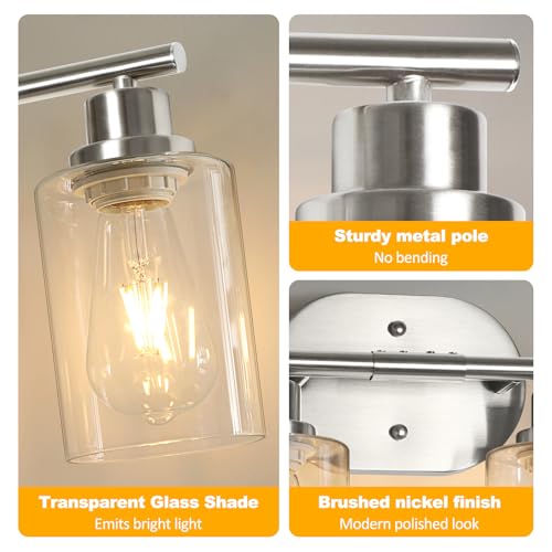 Image of Unicozin Bathroom Light Fixtures, 4 Light Vanity Lights for Bathroom, Brushed Nickel Wall Lamp with Clear Glass for Mirror, Living Room, Hallway, Cabinet, E26 Base