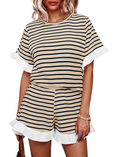 Image of Tankaneo Womens 2 Piece Striped Shorts Set Ruffle Short Sleeve Tops Hight Waist Shorts Matching Sets Summer Vacation Outfits
