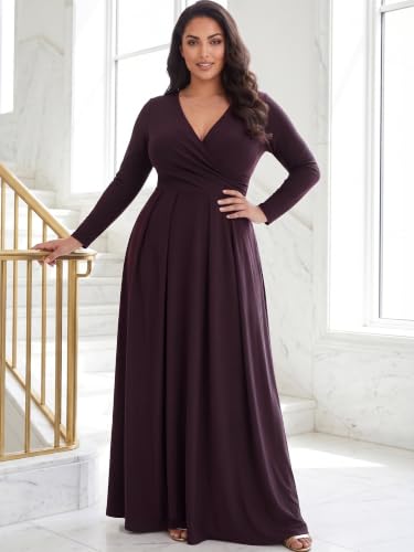 Image of KOH KOH Womens Long Sleeve V-Neck Flowy Modest Elegant Evening Maxi Dress