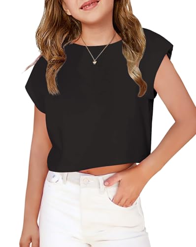 Image of Arshiner Girls Shirt Crop Tops Short Sleeve Summer Drop Shoulder Batwing Sleeve Crewneck Loose T Shirt Tee