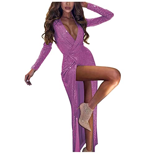 kosopse Abito da cerimonia A Linea Abito A Maniche Lunghe Da Donna Classico Scollo A V Abito Da Sera Sexy Vestito Da Festa, oro rosa, XXL