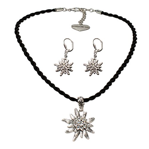 Schmuckset Trachtenkette Kordel und Strass-Edelweiß-Ohrhänger - Damen Kordelkette und Trachtenohrringe, Dirndlkette Strass-Edelweiss zur Trachtenbluse, Oktoberfest, Trachtenschmuck (schwarz) Cover