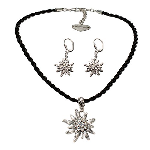 Alpenflüstern SET021 - Parure composta da collana e orecchini con cordoncino e stella alpina con strass, da donna, stile tradizionale bavarese, colore: nero