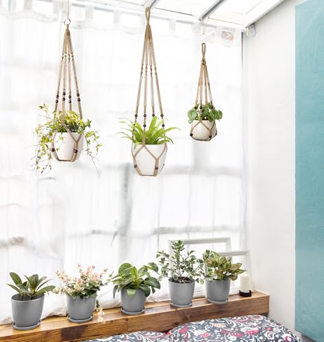 Image of Mkono 3 Pack Macrame Plant Hangers Hanging Planters for Indoor Plants Brown