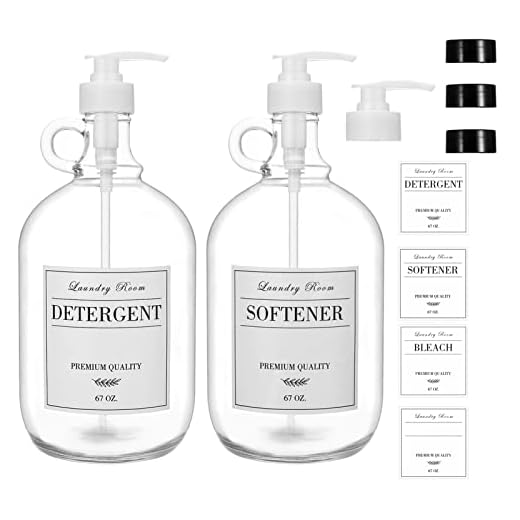 Farmhouse Laundry Detergent Dispenser - Two 1/2 Gallon Thick Glass Fabric Softener Dispenser Container,Liquid Laundry Soap Dispenser Bleach for Laundry Room Organization,No Spill,Waterproof Labels