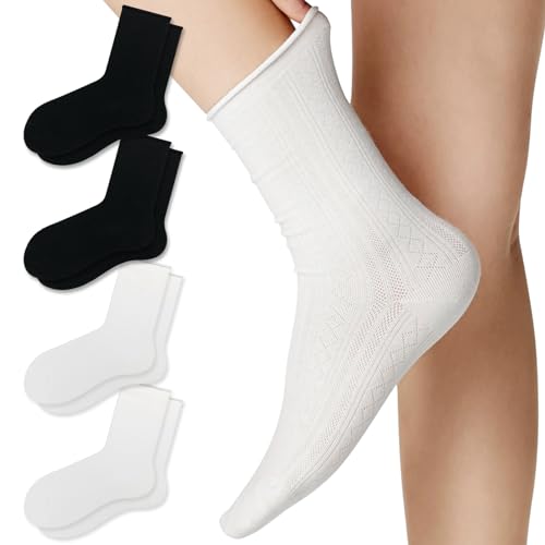 Sweet Pointelle-Knit Cotton Socks with Hollowing Mesh Roll Top Turn Cuff Slouch Socks For Women Tube Socks