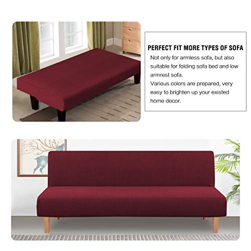 H.versailtex Armless Futon Cover Stretch Sofa Bed Slipcover Protector Elastic Feature Rich Textured High Spandex Small Checks Jacquard Fabric Futon Cover, Machine Washable, Burgundy Red #TOP3