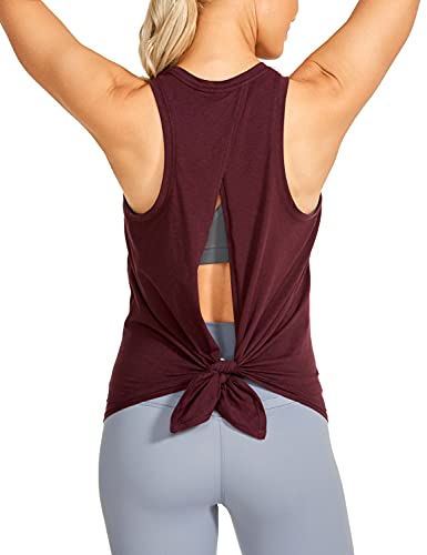 CRZ YOGA Women's Pima Cotton Workout Tank Tops Tie Back High Neck Athletic Shirts Loose fit Berry Heather X-Large