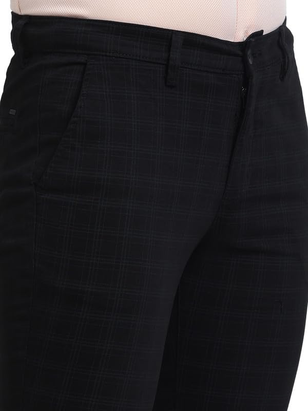Image of Turtle Men Cotton Stretch Navy Check Narrow Fit Casual Trouser