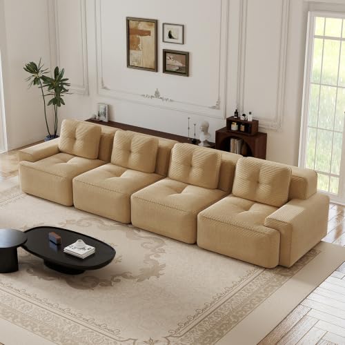Image of 153 inch Extra Large 4-Seater Modular Boneless Couch, Luxury Corduroy Fabric, Deep Seat Cloud sectional Sofa with Buckle Connection, No Assembly Anti-Slip Couch for Big Living Room, Camel