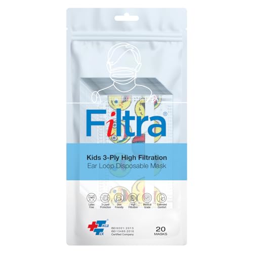 Image of Filtra 3-Ply Ear Loop Kids Mask | Ages 3-18 | Kids Mask | Children's Mask | Ladies Mask | High Filtration | New extra tough courier packing | Travel Zip Lock Pouch of 20 Masks (Cartoon)
