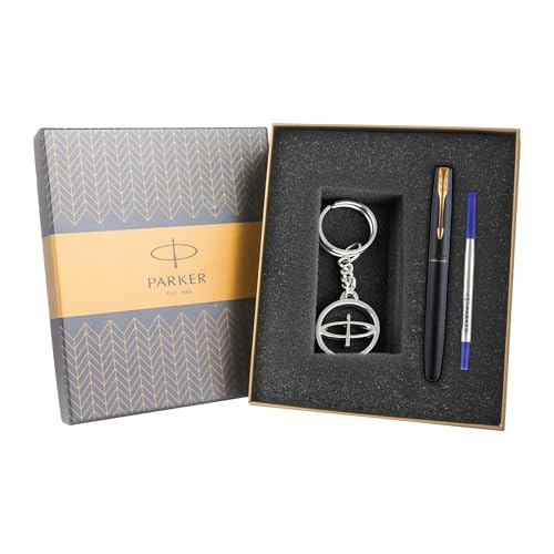 Image of Parker Frontier Matte Black Gold Trim Roller Ball Pen and Silver Key Chain, Blue Ink, Medium Point - Gift Set for Professionals, Executives, and Students