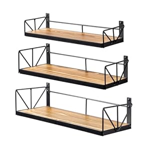 Qidordour Floating Shelves for Wall Set of 3, Rustic Wood Wall Shelves for Home Decor, Wall Mounted Farmhouse Floating Shelf for Living Room, Bathroom, Bedroom and Kitchen (Carbonized Brown)