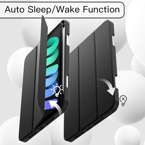 JETech Funda para iPad Mini (A17 Pro, 2024 Modelo, 7.ª Generación) / Mini 6 (2021 Modelo, 6.ª Generación) con Portalápiz, Slim Tableta Cover con Suave TPU Trasera, Auto-Sueño/Estela (Negro)