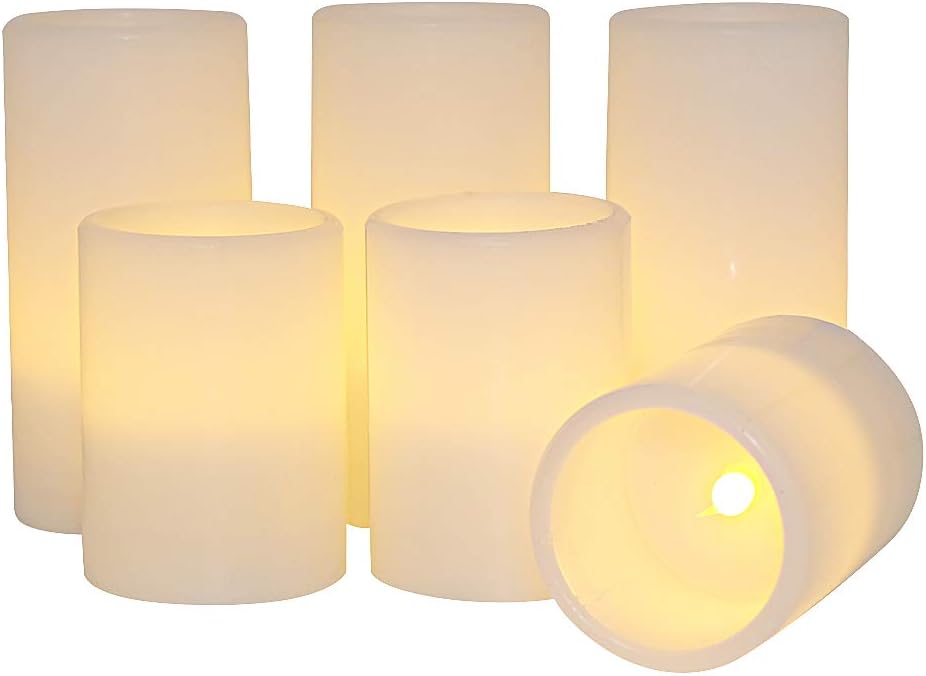 Eldnacele Flameless Flickering Candles Battery Operated Real Wax White Color with 8 Hours Timer for Christmas Home Decoration and Parties Set of 6(3"x 4", 3"x 6")