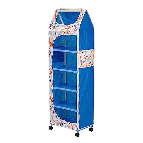 Image of HYSEYY Baby Wardrobe Plastic Kids Storage Rack with Fabric Cover & Wheels | 6-Tier Plastic Shelves Organizer | Toy, Book & Clothes Storage Cabinet for Kids Room (Animal Pattern)
