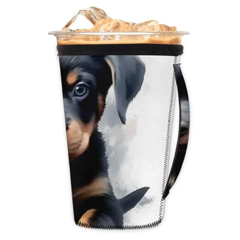 cfpolar Reusable Iced Coffee Sleeve with Handle, Dogs Cute Rottweiler Neoprene Ice Insulator Coffee Cup Sleeve Drink Holder Small 18-20 oz for Coffee Cups Beverages Water Bottle Protein Shake Bottles Cover