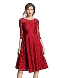 Maschinenwäsche HAOKEKE Women Slim Solid Knee Length Round Collar Elegant Lady Midi Lace Dress for Workwear Red XXL