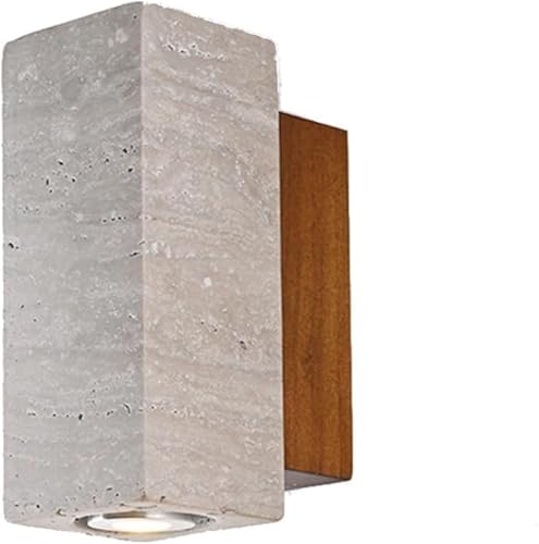 Modern Black Stone Wall Sconce with Beige Wood Base –