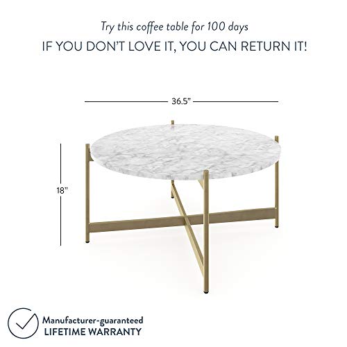 Nathan James Piper Faux White Marble Round Modern Living Accent Side Or Coffee, Sofa Center Table For Dining Room/Tea With Metal Frame, Gold Brass #TOP2