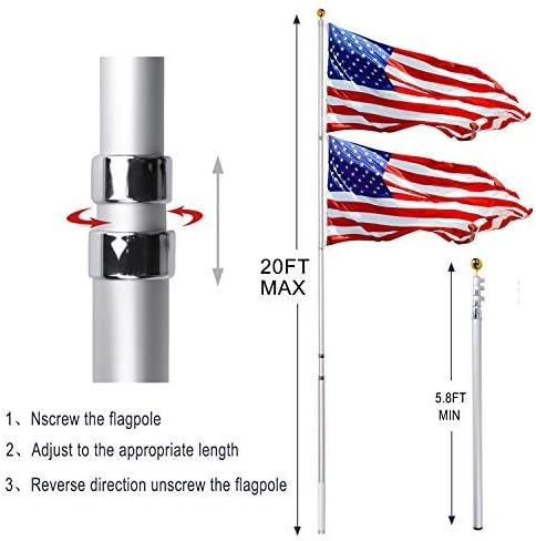 Klvied 20FT Telescopic Flag Pole, Tangle Free Flagpole Kit Fly 2 Flags, Heavy Duty Extra Thick Aluminum Flag Pole with 3x5 America Flag, Golden Ball Top for Commercial, Residential, Outdoor