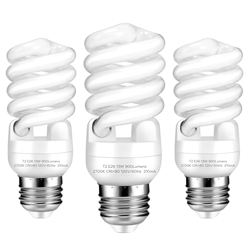 Arsmrau E26 Base 13W 2700K 900lm CFL Light Bulbs, T2 Spiral (60Watt Equivalent) Soft White Compact Fluorescent Light Bulbs, UL Approved, 120v 60Hz, Self Ballasted, Indoor Use (3 Pack)