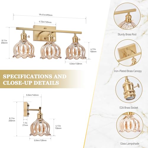 Image of 3-Light Amber Tulip Glass Vanity Light, Brushed Gold Vintage Bathroom Wall Sconce, 19.4 inch Antique Brass Hardwired Wall Lamp for Mirror, Powder Room, Bedroom (Individual Switches, Bulbs Not Included)