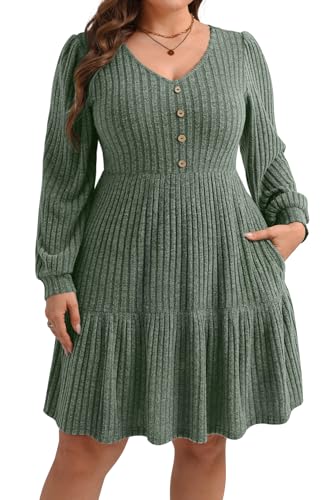 Pinup Fashion Plus Size Fall Dress Women Green Christmas Holiday Casual Long Sleeve Sweater Winter V Neck Dresses with Pockets