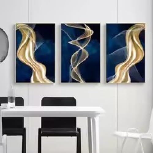 Toile art mural grand format triptyque abstrait moderne lignes dorées pour mur salon - 3