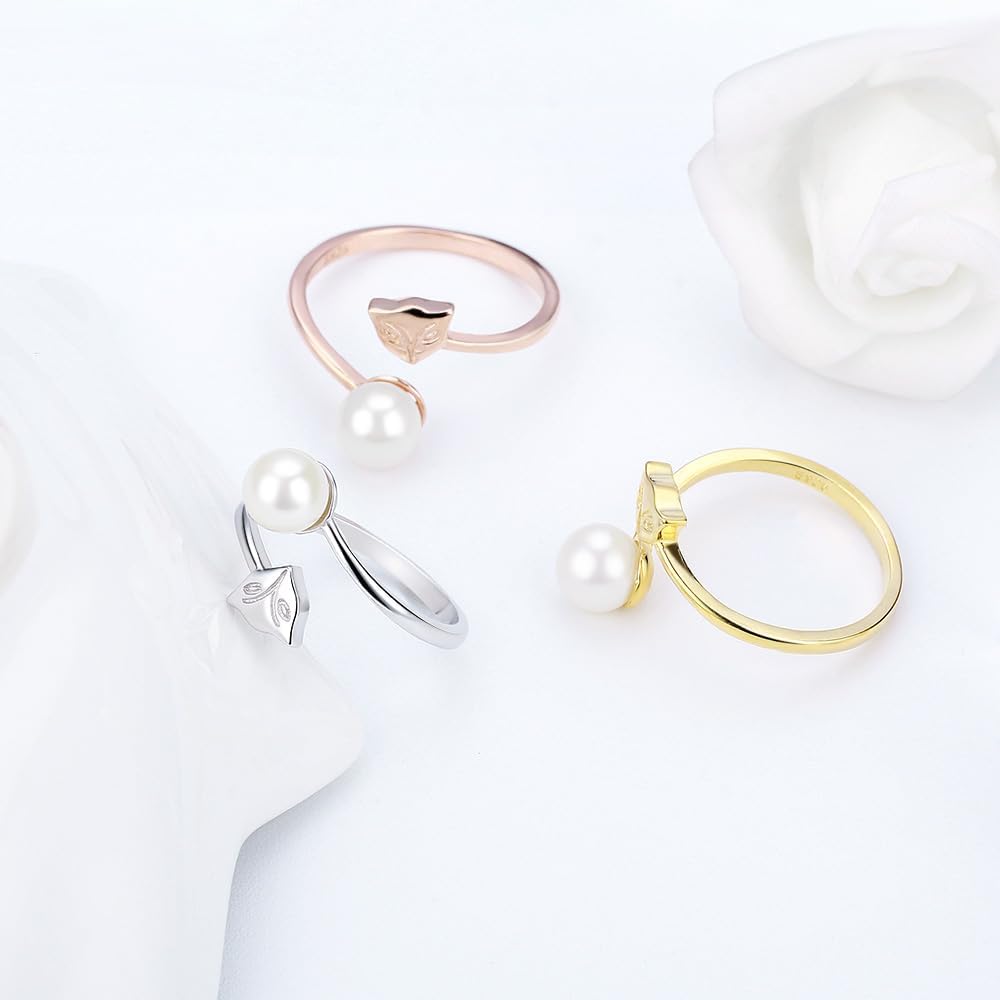 Sterling Silver/Gold Plated/Rose Gold Plated Fox Ring Mounting for Women, Adjustable Ring Fittings Accessories for Pearl Jewelry Making