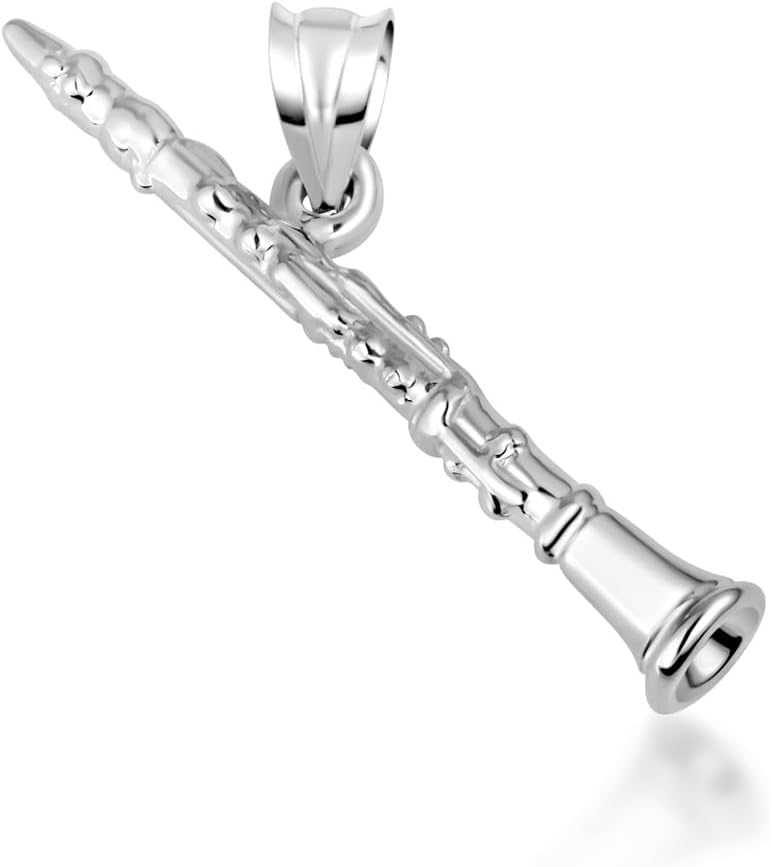 Claddagh Gold .925 Sterling Silver Three Dimensional Clarinet Woodwind Music Charm Pendant Necklace | Choice of Pendant Only or Chain Length