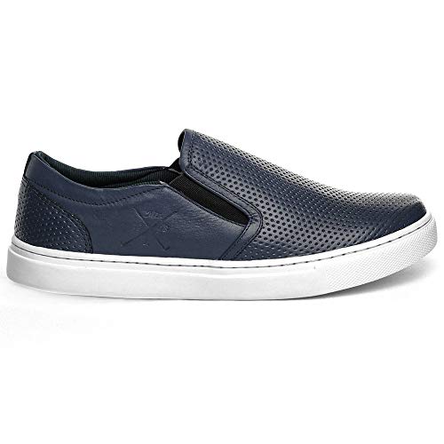 Sapatenis Iate Slip On Masculino Couro Furadinho Cor:Azul;Tamanho:37