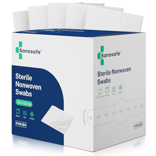Sanosafe® Compresas estériles no tejidas 7,5x7,5 cm | Suaves, absorbentes y sin pelusa | Cuidado de heridas | Esterilizadas con EO – 80 unidades