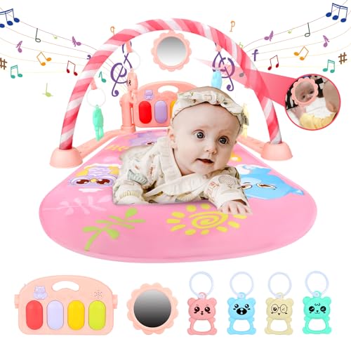 Image of Fasando Baby Gyms Play Mats, Tummy Time Mats with Detachable Kick & Play Piano and Rattles, Baby Play Mat Activity Gym with Music and Soft Lights for Newborn Infants Boys Girls (Pink)
