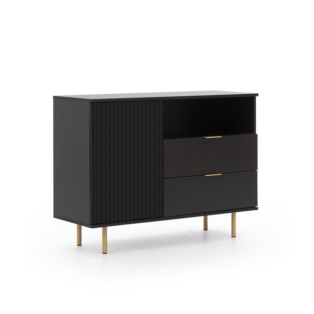 Lomadox Wohnmöbel Set Wohnwand matt schwarz 3-teilig modern 1 Kommode, 1 Lowboard, 1 Vitrine