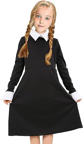 Image of FancyDressWale Wednesday Addams Costume Girls Peter Pan Collar Dress Long Sleeve Halloween Addams Family Costume Black dress Outfit