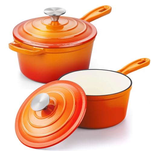 Leonyo 1Qt& 2Qt Cast Iron Saucepan Set, Dutch Oven Pot for Cooktop, Orange