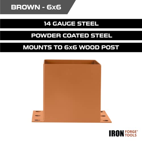 Image of Iron Forge Tools 6x6 Post Base for Concrete, 4 Pack 5.9 inchx 5.9 inch, Brown Powder Coated Heavy Duty Steel Fence Post Anchors for Wood Deck, Fence, Porch, Railing or Pergola Brackets