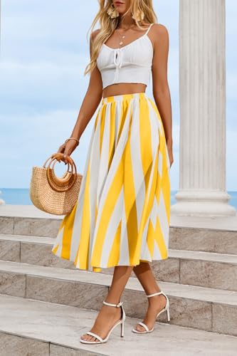 Image of Cicy Bell Womens Summer Striped Maxi Skirts A-Line Beach Vacation Outfits | Elastic Waist, Side Pockets, Flowy, Midi Length, Color Contrast, Trendy Casual