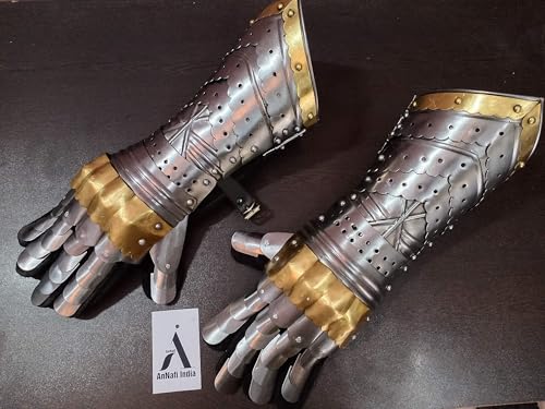 Image of AnNafi Armor Gauntlets Steel Gloves w Brass Accents Armor Pair, Medieval Knight Costume, Fully Wearable, Fully Functional Armor Gloves Warrior Metal Gauntlets Steel Crusader Cosplay Armour Costume
