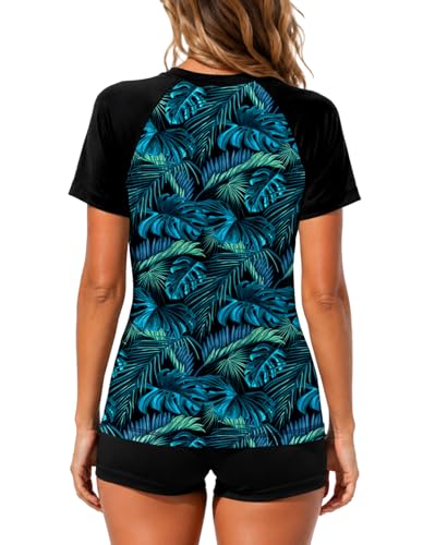 Image of AOBUTE Women Short Sleeve Rash Guard UPF 50+ Tropical Sun Protection Floral Swim Shirts