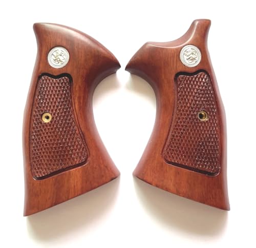FYFIXN Hardwood Handgun Grips Compatible with Smith and Wesson N Frame Round Butt Revolvers Finger Groove Checkered Design Deluxe Classic Handmade Craft Handcraft