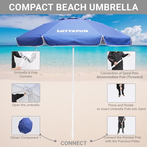 LOTTAFUN 6.5ft Beach Umbrella - Heavy Duty Wind Resistant UV 50+ Portable Sun Shade with Sand Anchor & Carry Bag, Outdoor Folding Umbrella for Beach, Pool, Patio, Garden (Dark Blue) - Thumbnail 5