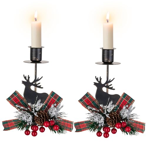 Sziqiqi Portavelas de Navidad Negro: Portavelas de Ciervo con Lazo Navideño 2 Piezas Decorativo Reno Candelabro para Navidad Mesa Centro de Mesa Chimenea Decoración