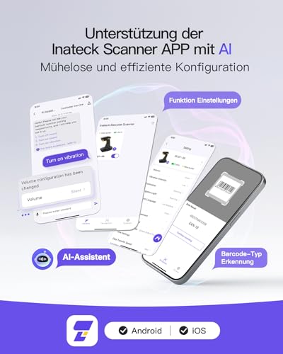 Inateck Bluetooth Barcode Scanner 2D, drahtloser 2D QR Code Scanner mit 2600 mAh Akku und intelligenter Ladestation, Handheld Scanner unterstützt AI, APP, SDK, BCST-36