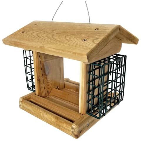 DutchCrafters Large Cedar Wood Hopper Bird Feeder with Suet Cages, Wooden Bird Feeder, Outdoor Feeder for Birds, Hanging Mount Feeder for Outside - Amish Made in USA Cover